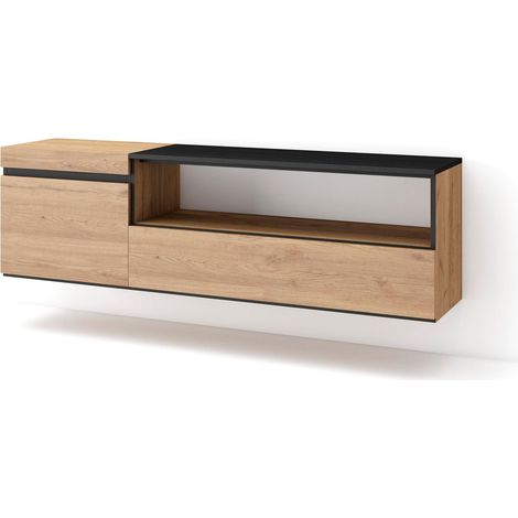 Skraut Home – Meuble TV suspendu mural 150x35x45cm – Pour TV jusqu'à 65" – Grand espace de rangement – Chêne et noir – Style moderne (1/5)