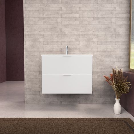 Inda - Badezimmerschrank B.80 mit mattiertem Waschbecken / Mattweiß 2 Schubladen - Topazio