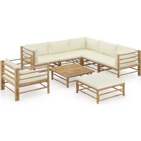 8-tlg. Garten-Lounge-Set mit Cremeweißen Kissen Bambus
