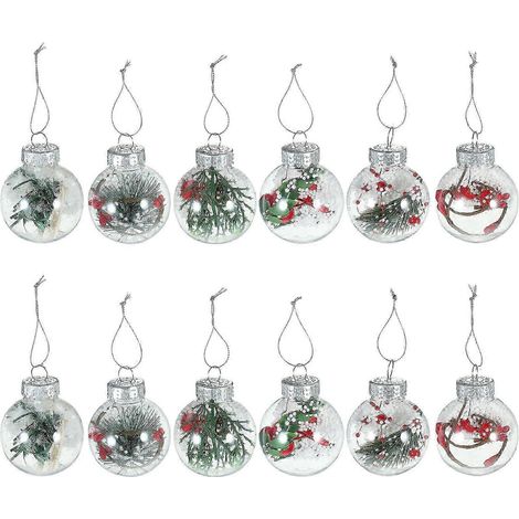 Lot de 12 boules de Noël transparentes à suspendre, 6 x 6 x 6 cm, formes rondes variées. Décoration idéale pour les fêtes. (1/5)