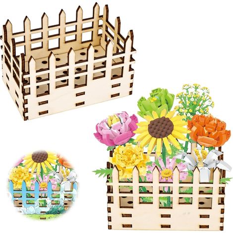 Jarrón de flores para Lego, expositor de valla de madera, ramo de flores para Lego, flores de cerezo, girasoles y tulipanes. (1/5)