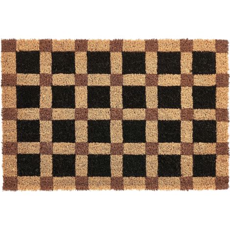 Doormat Beige and Black Coir with Anti-Slip Bottom 40 x 60 cm Anti Slip Decoration Checked Pattern Welcome Mat VILLASIS (1/5)