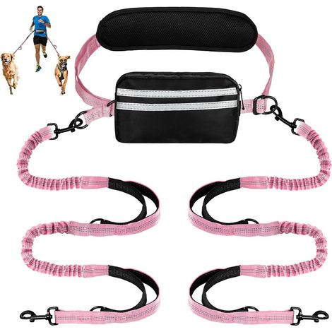 Laisse mains libres pour chien avec pochette - Laisse double rétractable à élastique pour deux chiens, ceinture ajustable avec deux poignées rembourrées, design réfléchissant pour la marche, la course