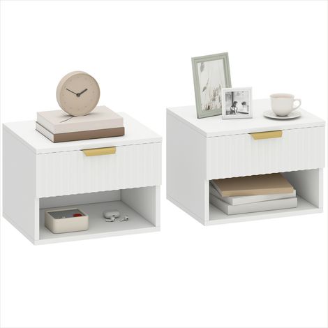 Lot de 2 tables de chevet murales design flottant, panneaux flûtés et poignée dorée, tiroir amorti et niche, panneau de particules, 40x34x29 cm (1/5)