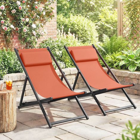 Set aus 2 Sonnenliegen, klappbare Chaiselongue mit verstellbarer Textilene-Kopfstütze, 60 x 100 x 85 cm, ziegelrot