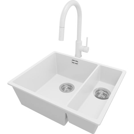 PRIMAGRAN Evier Cuisine en Granit 56x47cm, Lavabo 1,5 bacs + Robinet 40x20cm + Kit de Vidage, Évier à Encastrer au meuble 60cm - London Slim Duo, Blanc (1/5)