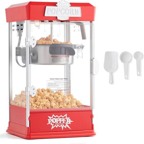 Mophorn Máquina para hacer palomitas de maíz, 480 W, hervidor de 4 oz, 1,5 galones por tanda, máquina para hacer palomitas de maíz de sobremesa con 3 palas, estilo cine, color rojo