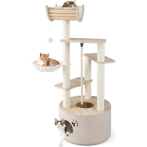 COSTWAY Albero per Gatti 141cm Plywood, Condo, Posatoio, Amaca, Tiragraffi, Cuscini Lavabili (1/5)