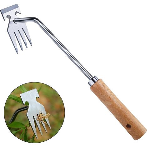 Outil désherbage 2 en 1 acier inoxydable manche bois râteau gratte racines outil jardinage potager extérieur (1/5)