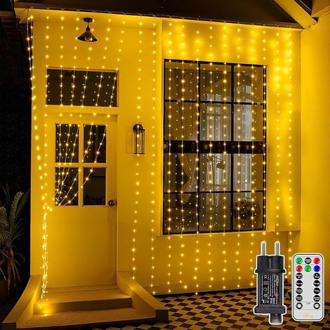Rideau lumineux extérieur 3×3m, guirlande lumineuse de 300 LED avec 8 modes, IP67 étanche avec télécommande, minuteur et réglable, pour Noël, porte, mur, fête, fenêtre, balcon (Blanc chaud) (1/5)