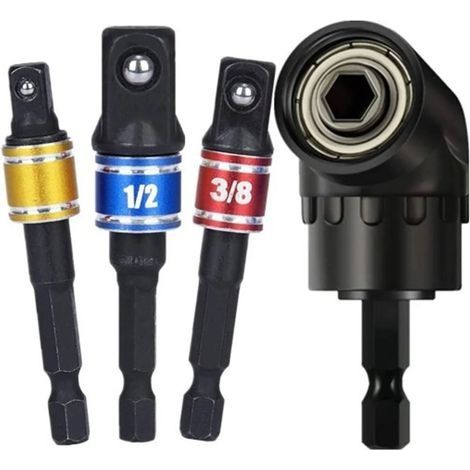 Adaptateur de perceuse, embout coudé à 105 °, 1/2 pouces, 3/8 pouces, 1/4 pouces, adaptateurs de douille à 360 ° pour vis à écrou, 4 pièces (1/5)