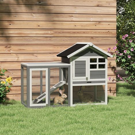 Jaula para Conejos con Zona Abierta Techo Asfáltico Bandeja Extraíble y Rampa para Exterior 123,5x62,6x92,5 cm Gris (1/5)