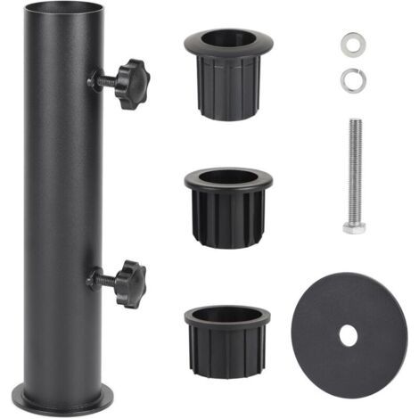 Pied de Parasol, Tube de Parasol, Support Parasol Metal Réglable avec 3 Anneaux de Réduction en PVC (28/38/48mm), Noir