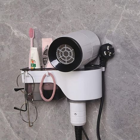 Haartrocknerhalter, Wand-Haartrockner-Organizer und Glätteisenhalter, Badezimmer-Werkzeughalter mit Ablagefach, Steckerhaken und 2 Haken (schwarz und weiß) (1/5)