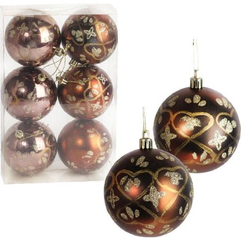 Set di 6 palline decorative in plastica, 8 cm, marroni