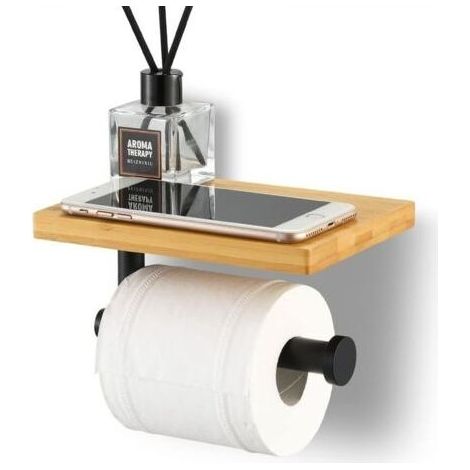 Porte Papier Toilette avec Etagère Bambou Salle de Bain Porte Rouleau en Acier Inoxydable SUS304 Support Mural Noir Mat,Version sans perçage (1/5)