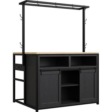 Meuble de cuisine avec plan de travail et prise électrique, armoire d'îlot 183 cm avec étagère suspendue, finition bois et noir (1/5)