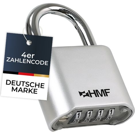 HMF Vorhängeschloss 3507-09, robustes Schloss mit 4-stelligem Zahlencode aus Zinklegierung, 5,3 x 2,4 x 7,8 cm, Silber (1/4)