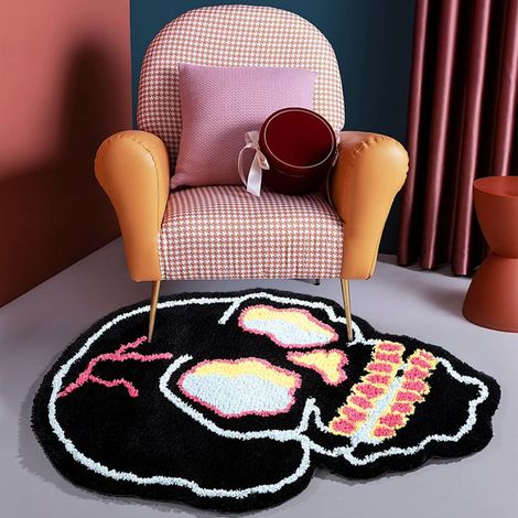 Tapis de bain noir, tapis décoratif amusant à motif tête de mort, grand format, doux et antidérapant, idéal pour la salle de bain, la cuisine, le salon, comme paillasson d'entrée ou pour Halloween, 66