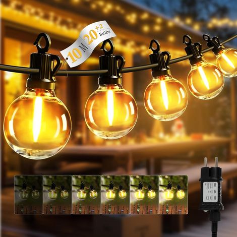 Guirlande Lumineuse Exterieure 10M, LED Guirlande Guinguette Connectable avec 20+2 G40 Ampoules, IP65, 4 Modes & Luminosité, Minuterie pour Jardin Terrasse Mariage Fête