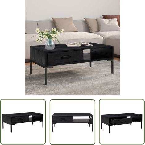 The Living Store Table basse Noir 90x50x35 cm Bois de pin massif - Table Basse - Meuble TV - Table D'appoint - Table Industrielle - Style Vintage (1/5)