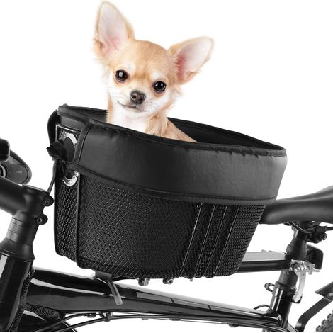 Cestino per bicicletta per cani, spesa e gatti. Portatile e fissabile al telaio anteriore, con imbottitura in schiuma e cinghia di sicurezza (nero). (1/5)