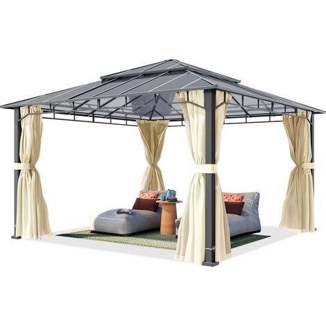 TOOLPORT Pavillon de jardin 4x4 m cadre alu, toit polycarbonate 8mm, beige - avec parois latérales et moustiquaires (1/5)