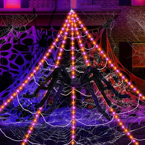 Sollbry Giant Halloween Fausse Araignée Ensemble 5m Réseau Triangulaire Blanc avec éClairage Orange Violet 2m Fausse Araignée Araignées pour Halloween Fêtes (1/5)