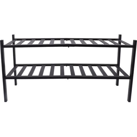 Étagère à chaussures empilable à 2 niveaux en bambou imperméable, indéformable, autoportante pour balcon, noire (1/5)