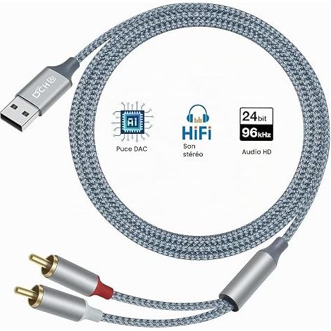 Câble audio RCA vers USB de 4 pieds type A vers 2 RCA mâle 2RCA Y Répartiteur en nylon tressé Interface blanc rouge (1/4)
