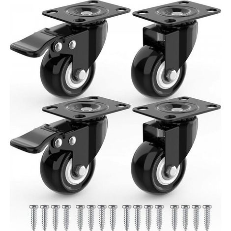 4 Roulettes Pivotantes Pour Meubles dont 2 avec Frein + Vis - 50mm Jusqu'à 100KG - Roulette Sans Traces au Sol pour Charge Lourde - Roue en Caoutchouc pour Chariot - Noires (1/5)