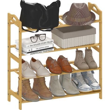 4-tier bamboo shoe rack, holds 12 pairs of shoes. 67.5 x 24.7 x 72 cm. Natural wood effect. (1/5)