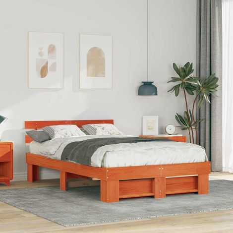 Bed Frame with Headboard Wax Brown 135 x 190 cm Solid Pine Wood vidaXL (1/5)