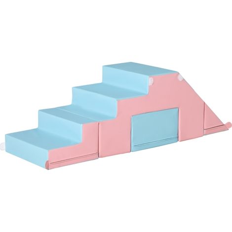 Jeu de motricité en mousse pour enfants avec rampe et tunnel, revêtement simili cuir, 86x49x47 cm, rose et bleu (1/5)