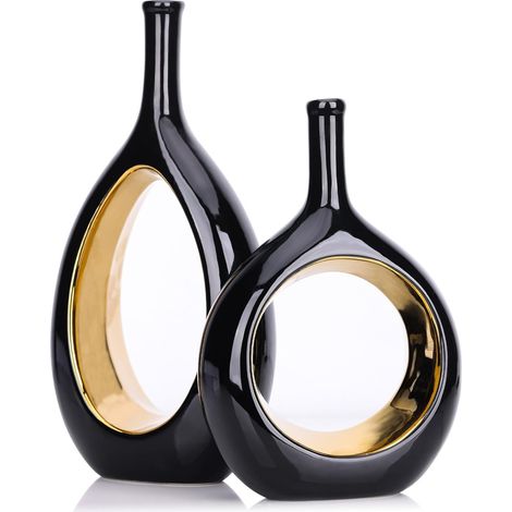 Set de 2 vases Creux en céramique Noir et Or - Vase Pampa décoratif Design pour Mariage, Salon, Bureau, Centre de Table, Cadeau crémaillère (1/5)