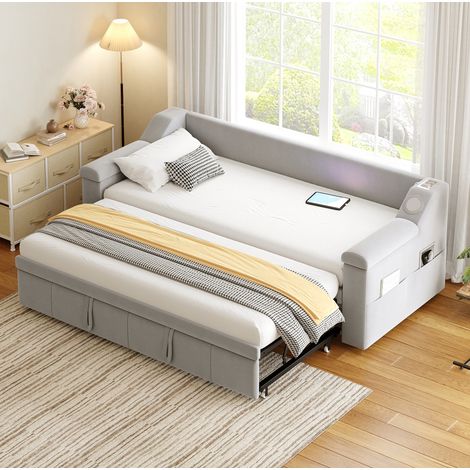 Sofá cama 90/180 x 190 cm con respaldo ancho, Bluetooth, USB, almacenaje, terciopelo gris HAVRYA (1/5)