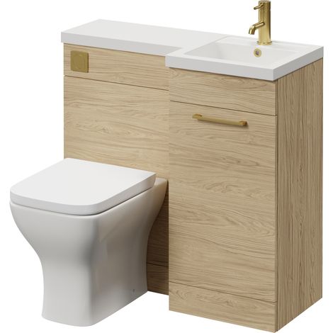 Napoli 390 Light Oak 900mm Single Door Vanity Unit Toilet Suite with Right Hand Square Lucia Basin - 900mm - Brushed Brass 160mm HandleWith Kingston Toilet Pan and Seat