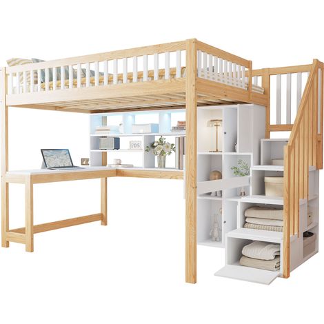 Lit mezzanine en pin et MDF blanc et naturel 140x200 cm avec LED, échelle de rangement, étagères et bureau (1/5)