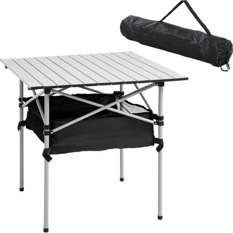 Table de camping pliante avec filet de rangement et sac de transport pour le jardin et les pique-niques, 70 x 70 x 69 cm, argent (1/5)