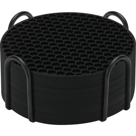 Juego de 8 posavasos de silicona negra con soporte antideslizante y a prueba de derrames. (1/4)