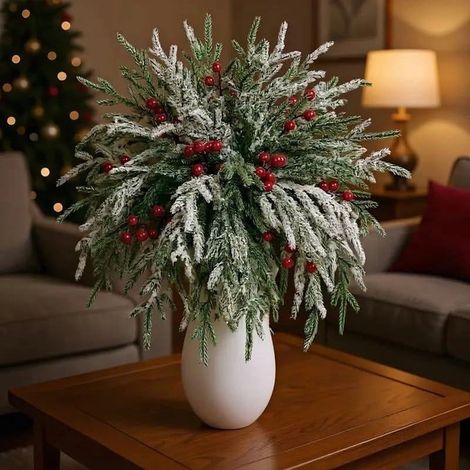 Branches De Pin Artificielles - Avec Baies Rouges - Pour Décor De Noël - Pour Couronnes Et Centres De Table - 10 Pièces (1/5)