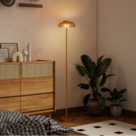 Lampada LED da terra 3000 K, 18 LED, pedale, 134 cm, ottone antico HAVRYA (1/5)