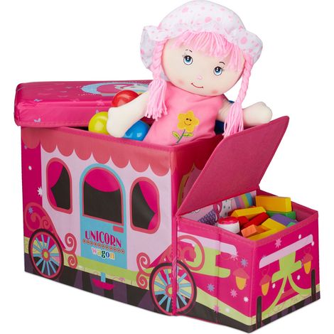 Relaxdays boîte de rangement pliable pour garçons et filles, jouets, avec couvercle, 50 L, licorne, rose
