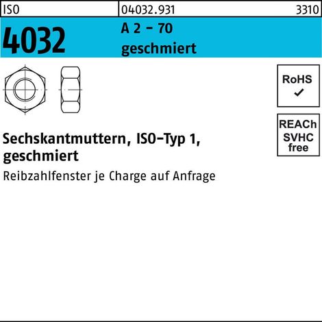 ISO 4032 Sechskantmuttern A 2-70 M 20 geschmiert A 2 S 25 Stk (1/2)