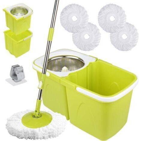Serpillière avec Seau Essoreur et Balai Rotatif – Ensemble Balai Serpillère pour Lavage du Sol Seau Double Compartiment avec Essorage Automatique 4 Têtes de Rechange et 1 Support de Balai