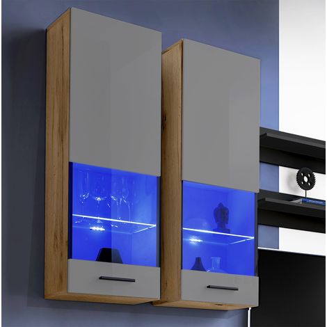 Extreme Furniture, Vitrine Murales Suspendue T51, (LxHxP): 40 x 120 x 29, corps en Wotan Mat, Façades en Brillant Gris, blue LEDs (1/5)