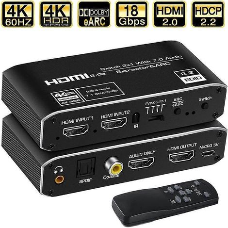 Commutateur HDMI 2x1 avec extraction audio eARC, compatible avec l'interface optique ARC, commutateur HDMI 2.0, compatible 4K 60 Hz, télécommande incluse, compatible avec iOS TV et PS4.