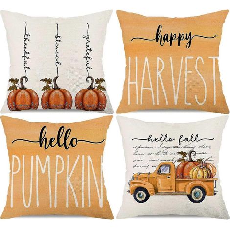 Housses de coussin décoratives d'automne 18x18, lot de 4, motif citrouille orange, style ferme (1/5)