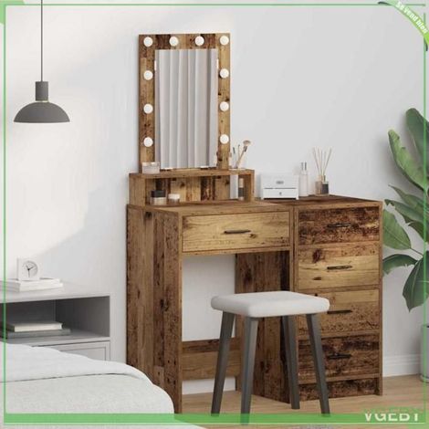 Table de maquillage - Marron - Bois d'ingénierie - Éclairage LED - 1 tiroir (1/5)