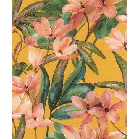 Papier peint autocollant texturé non tissé avec fleurs en orange, vert, rose - Facile à installer - Sans colle - 6 m x 0,53 m (1/5)